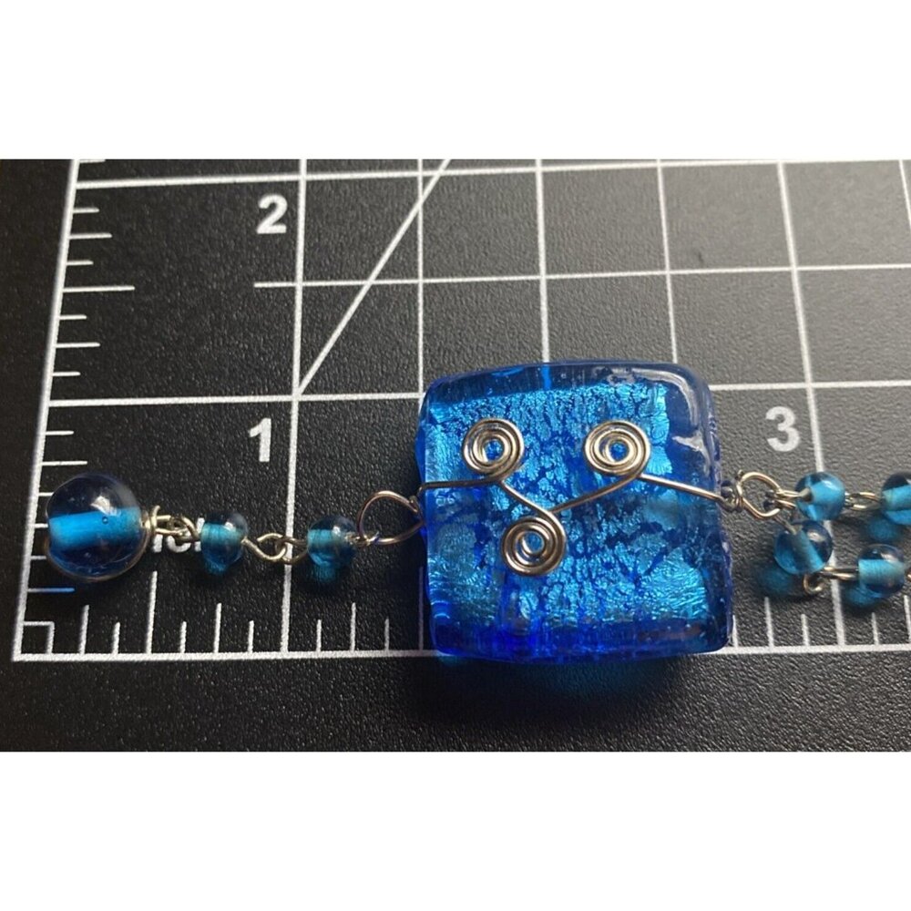 Chunky Necklace & Earrings Blue/Silver Foil Lined Rectangle Glass Bead Wire Wrap - Picture 8 of 9